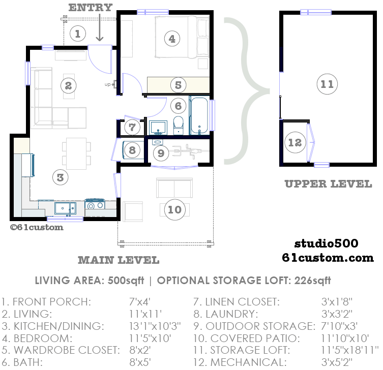 floorplan, studio500: modern tiny house plan | 61custom